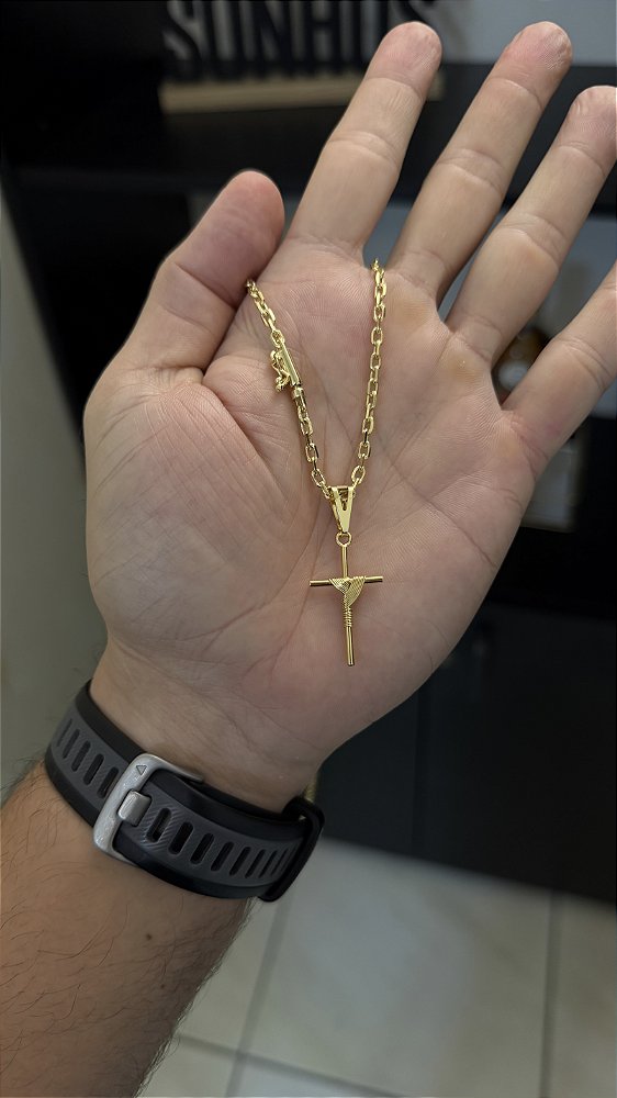 CORRENTE CADEADO (3mm-50cm, 60cm ou 70cm +) + PINGENTE CRUZ AMARRADA
