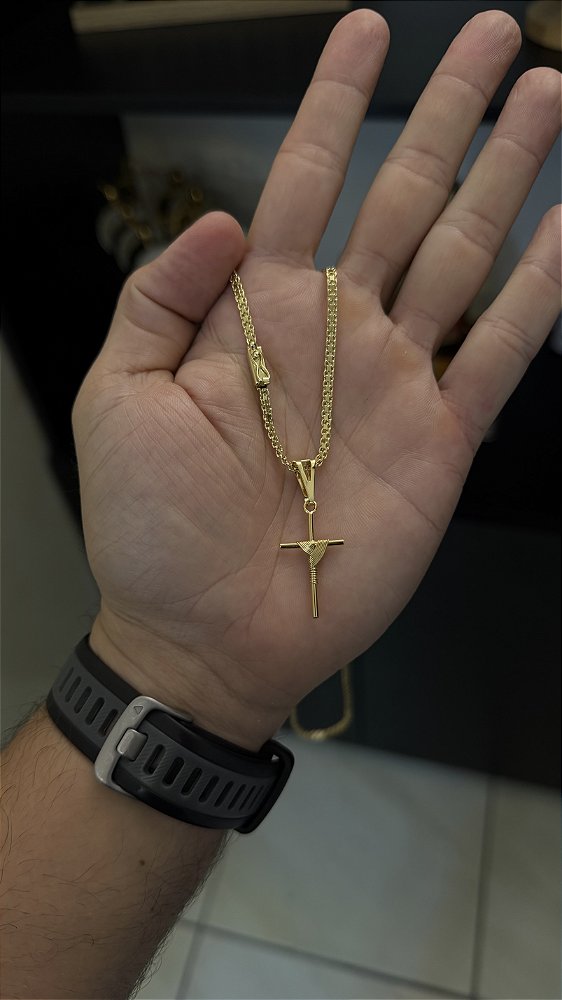 CORRENTE CADEADO DUPLO (3mm-50cm, 60cm ou 70cm +) + PINGENTE CRUZ AMARRADA