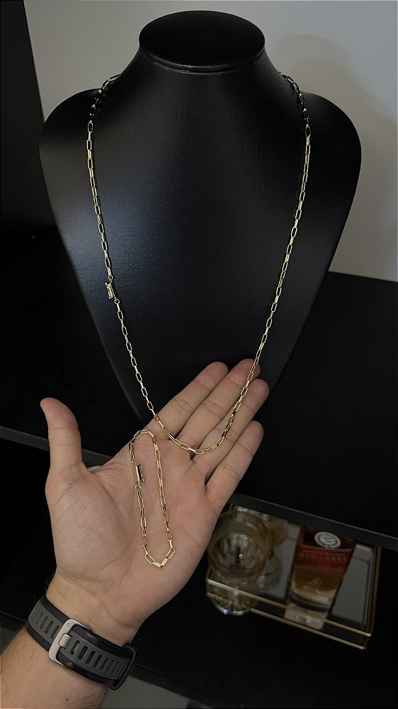 CORRENTE TIJOLINHO ALONGADO (3mm- 60CM ou 70CM) + PULSEIRA TIJOLINHO ALONGADO (3mm-20CM) - BANHADO A OURO 18K
