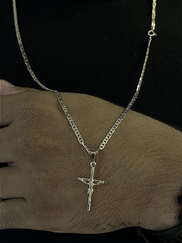 Corrente Piastrine 2mm 50/60 ou 70cm + Pingente Crucifixo com jesus – Banho Ouro 18k