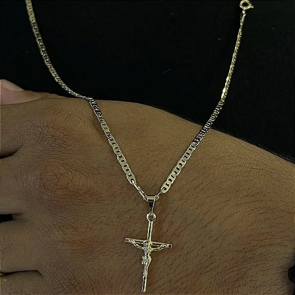 Corrente Piastrine 2mm 50/60 ou 70cm + Pingente Crucifixo com jesus – Banhada a Ouro 18K