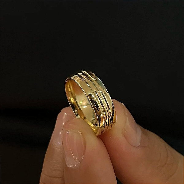 Aliança Modelo Boleada com 2 Listras – Feita em Moeda Antiga com Banho de Ouro 18K