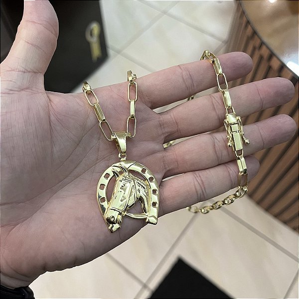 Corrente Tijolinho Alongado 5mm 70cm + Pingente Ferradura de cavalo – Banhada a Ouro 18K