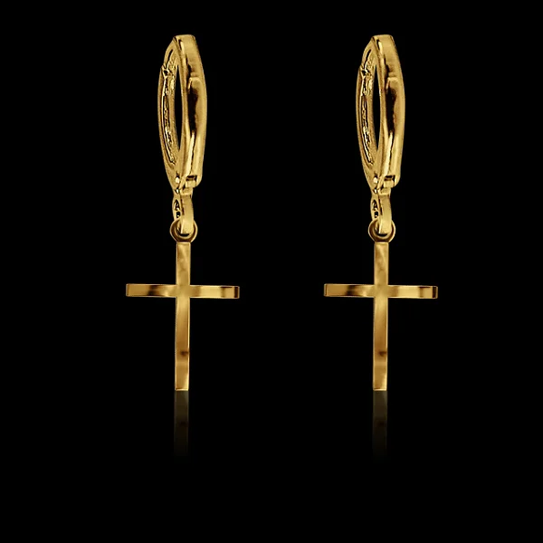 Par de Brinco Argola com Cruz Estilo Neymar 12x2mm - BANHADO A OURO 18K.