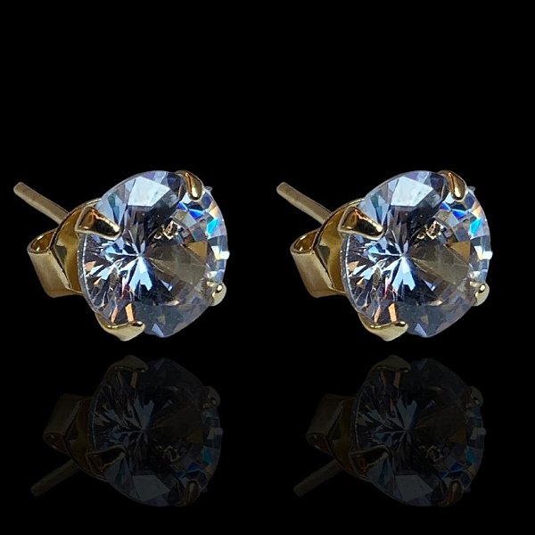 PAR DE BRINCOS SOLITÁRIO REDONDO PEDRA DE ZIRCÔNIA 10mm - BANHADO A OURO 18K