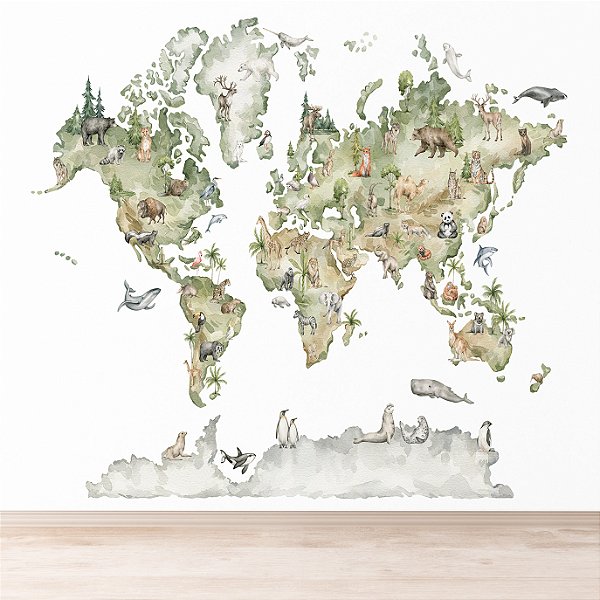 Papel de Parede Adesivo Mapa Mundi de Animais - Pronta Entrega
