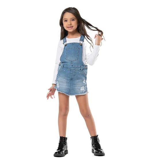 JARDINEIRA JEANS INFANTIL FEMININA - MANIA KIDS