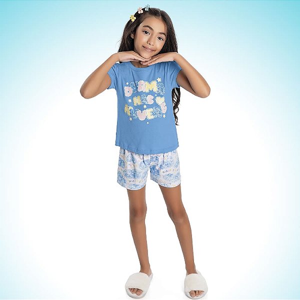 PIJAMA INFANTIL FEMININO BLUSA E SHORT EM MEIA MALHA - FAKINI