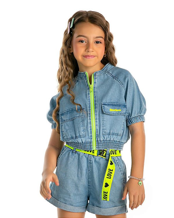 CONJUNTO INFANTIL SHORT E BOMBER JEANS MC - GABRIELA AQUARELA