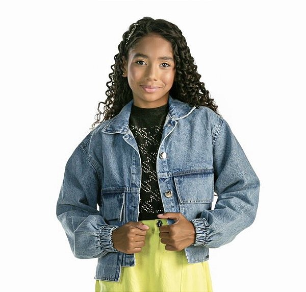 JAQUETA TEEN JEANS COM BOLSOS FRONTAIS - PINK X
