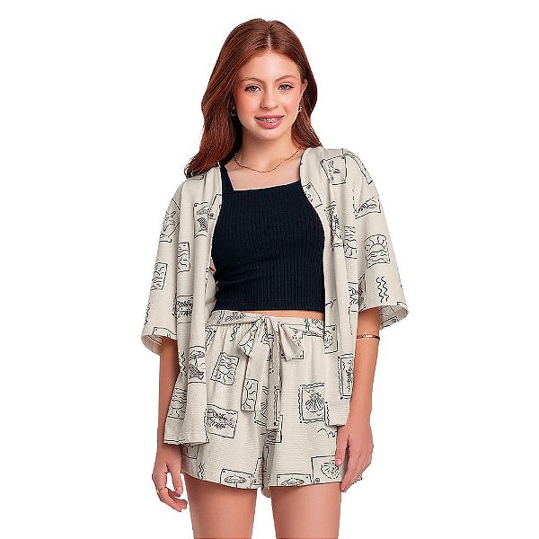 CONJUNTO TEEN FEMININO KIMONO, TOP E SHORT - FAKINI