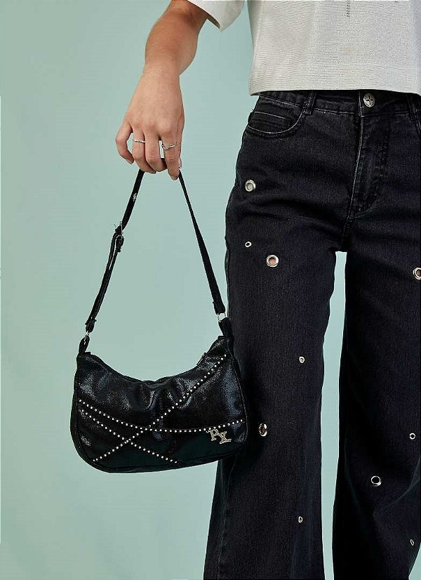 BOLSA BAGUETE EM JEANS DESTROYED PAETE - PINK X