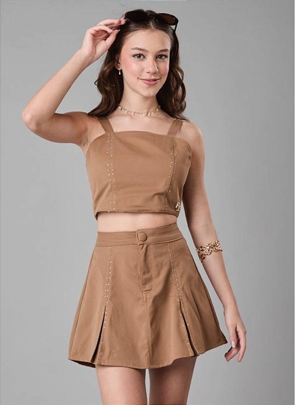 CONJUNTO TEEN SAIA E CROPPED COM STRASS - PINK X