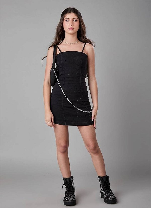 VESTIDO TEEN EM JEANS BLACK COM FRENTE EM STRASS - PINK X