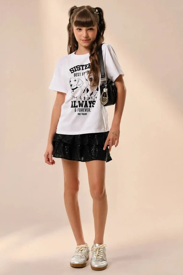 SAIA RUFFLES TEEN EM MALHA BRILHO - VIC & VICKY