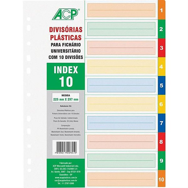 Divisória para Fichário Plástica com 10 projeções Coloridas 22,4 cm x 29,5 cm - ACP