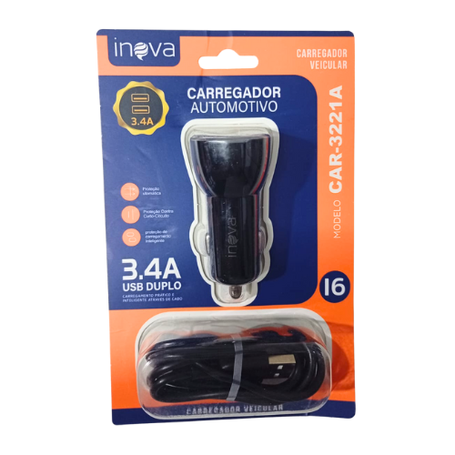 Carregador Veicular C/ Cabo IP 3.4A CAR 3221A