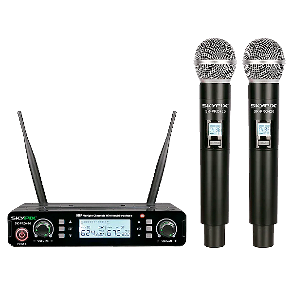 Microfone sem Fio Duplo de Mão com Display Bivolt SK-PRO420 - Skypix