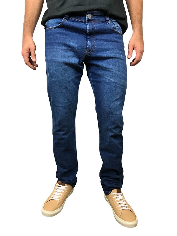 Calça Jeans Slim Bolso Celular Bigode Laser