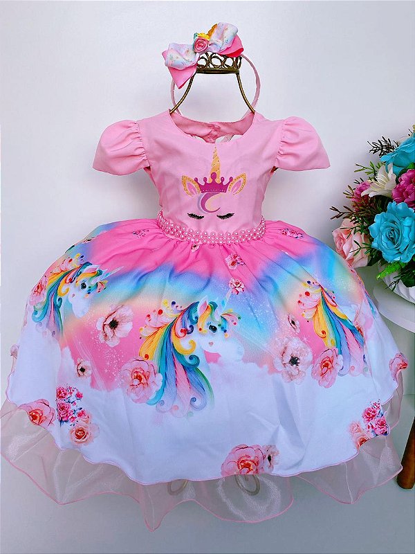 Vestido de festa Temático unicornio com tiara