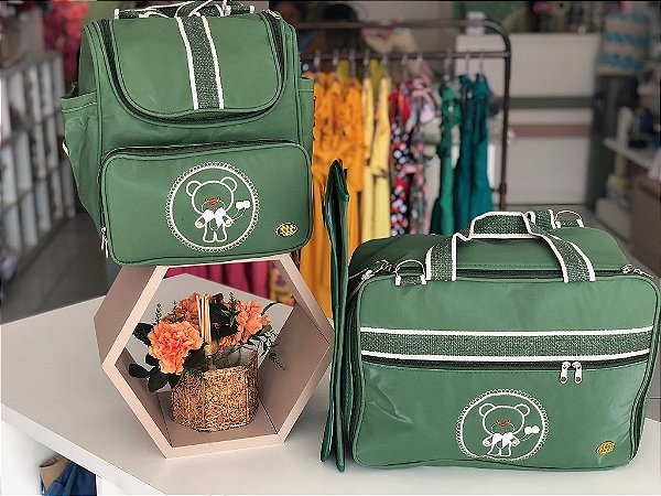 Kit Bolsa Maternidade Luxo Urso com Mochila Verde Militar