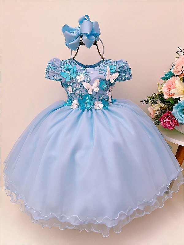 VESTIDO AZUL JARDIM COM APLIQUE DE BORBOLETAS