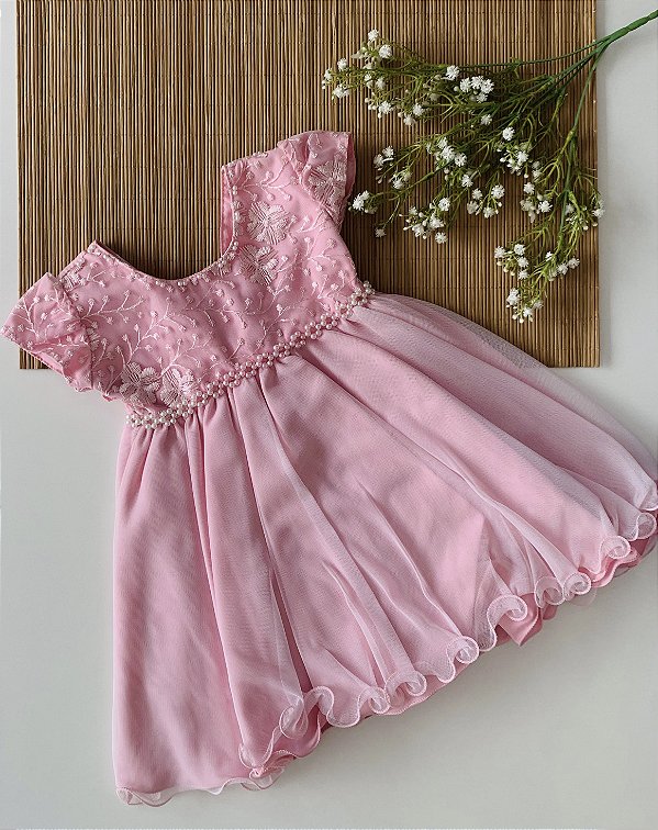 VESTIDO BABY ROSA CHICLETE COM PÉROLAS