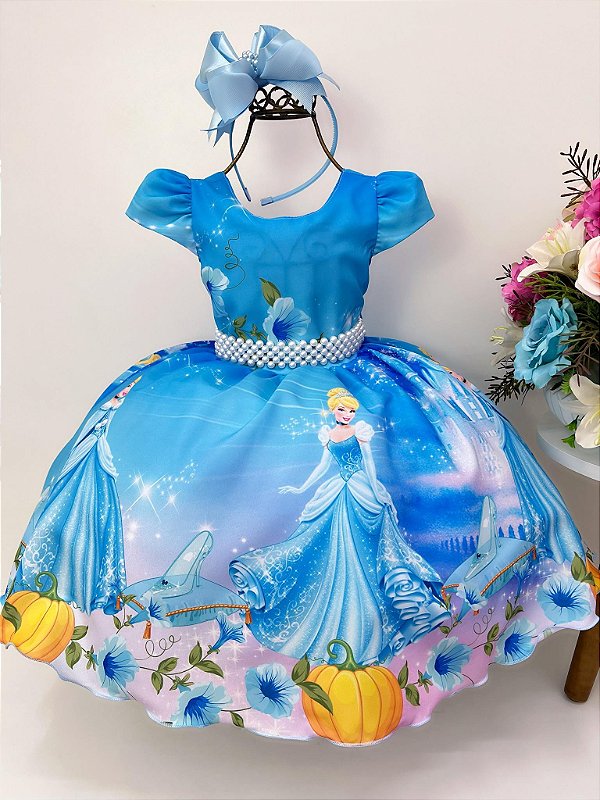 Vestido Infantil Temático Cinderela Azul Luxo