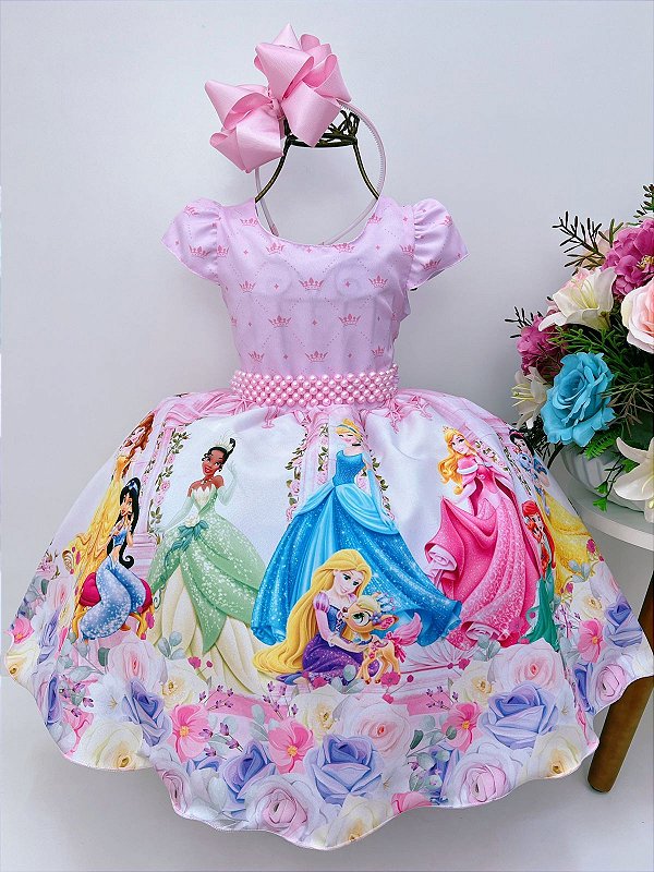 Vestido Infantil Temático Princesas Rosa Luxo