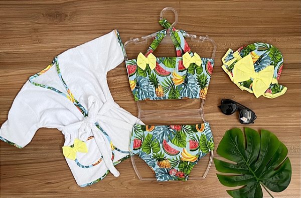 Kit banho de sol com Roupão e Chapéu cor Amarelo Com frutas
