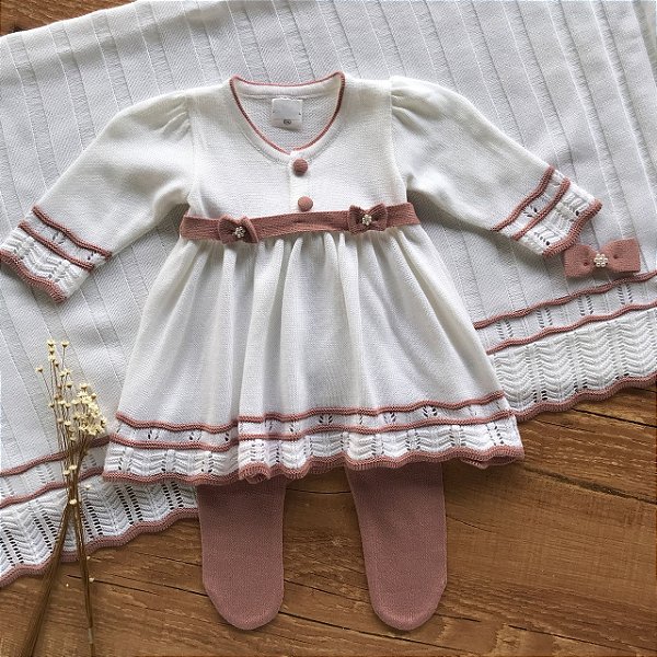 Saída Maternidade de Tricô Sofia Branco com Rose