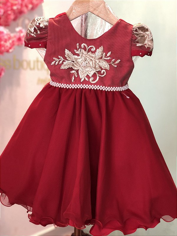 VESTIDO DE FESTA VERMELHO BORDADO DOURADO