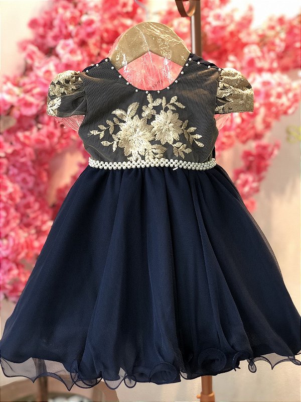 VESTIDO DE FESTA INFANTIL MARINHO COM DOURADO