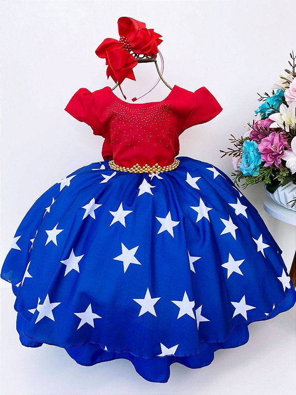 Vestido Infantil Temático Mulher Maravilha com Cinto de Pérolas