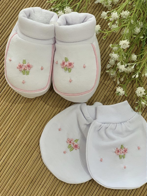 Pantufas Com Luvinha Floral Rosa