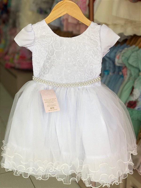 Vestido Branco Batizado Peito de Renda
