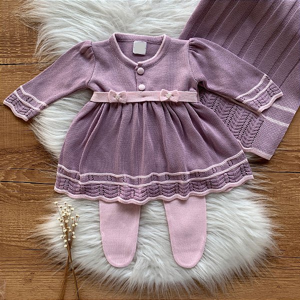 Saída de Maternidade de Tricô Sofia Lilás com Rosa