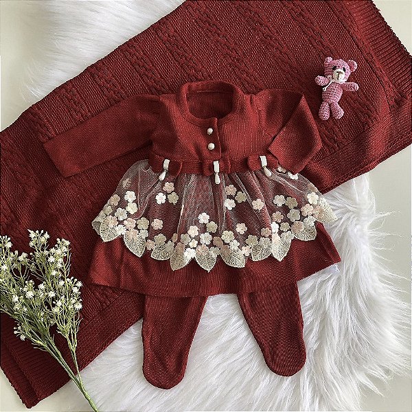 Saída Maternidade Feminina de tricô Vermelha Vestido Renda dourada