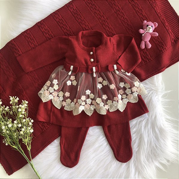 Saída Maternidade Feminina de tricô Vermelha Vestido Renda dourada - Ss  boutique Infantil -Tem de tudo para aquela criança que anda no estilo.