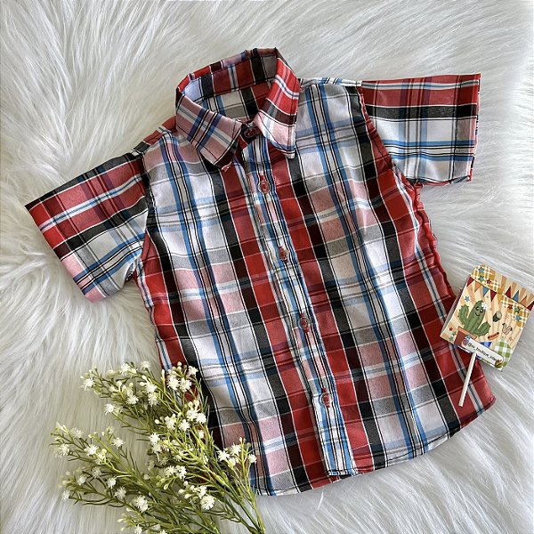 Camisa Xadrex M. Curta Azul Com vermelho
