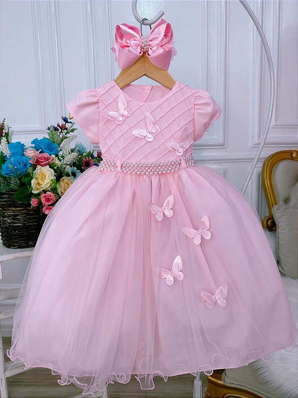 Vestido Rosa Jardim Aplique borboletas
