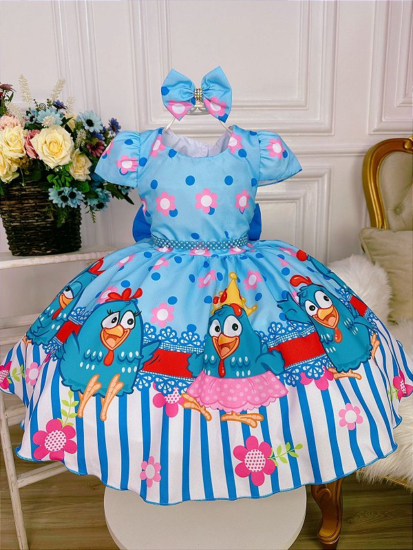 Vestido Infantil Galinha Pintadinha Florido Azul