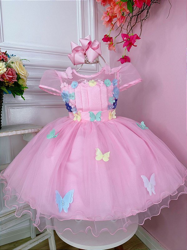 Vestido Infantil Rosa Jardim Encantado Borboletas e Flores Pérolas