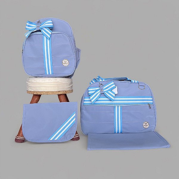 Kit Bolsa Maternidade 4 Peças Laços Luxo Azul Bebê