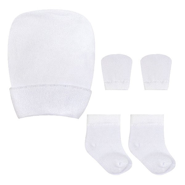 Kit Touca Luva e Meia Bebê Branca 0 a 3 meses