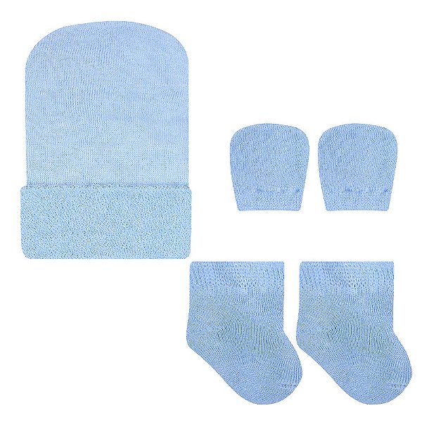 Kit Touca Luva e Meia Bebê Azul 0 a 3 meses