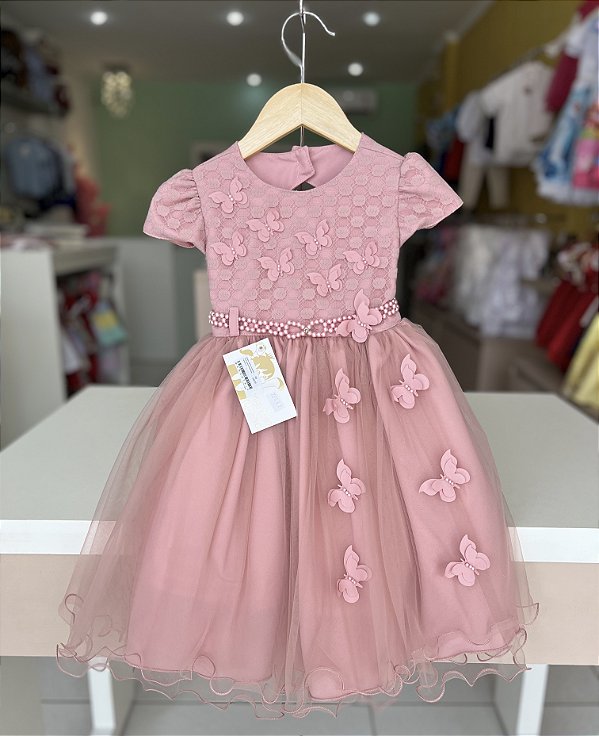 Vestido Jardim Encantado Rose Aplique Borboletas