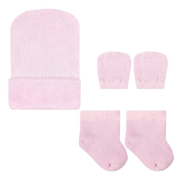 Kit Touca Luva e Meia Bebê Rosa  0 a 3 meses
