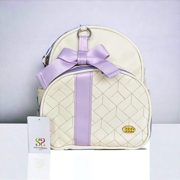 Mochila Passeio Luxo Bege com Fita Laço Lilás