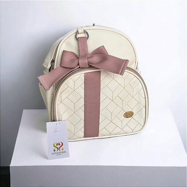 Mochila Passeio Luxo Bege com Fita Laço Rose